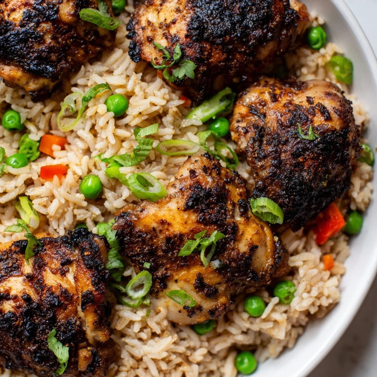 Golden spicy jerk chicken nestled in coconut rice with fresh cilantro garnish