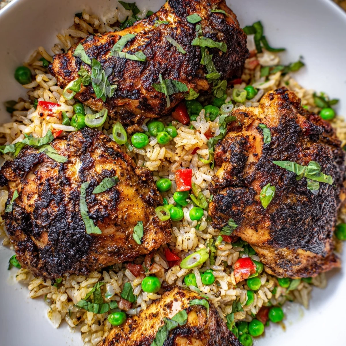 Spicy jerk chicken rice served steaming in a cast iron skillet