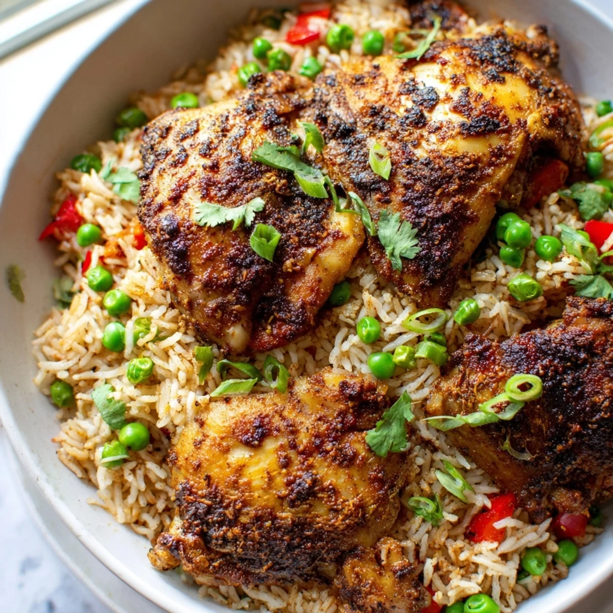 Tender jerk-seasoned chicken thighs over fluffy coconut rice with diced peppers