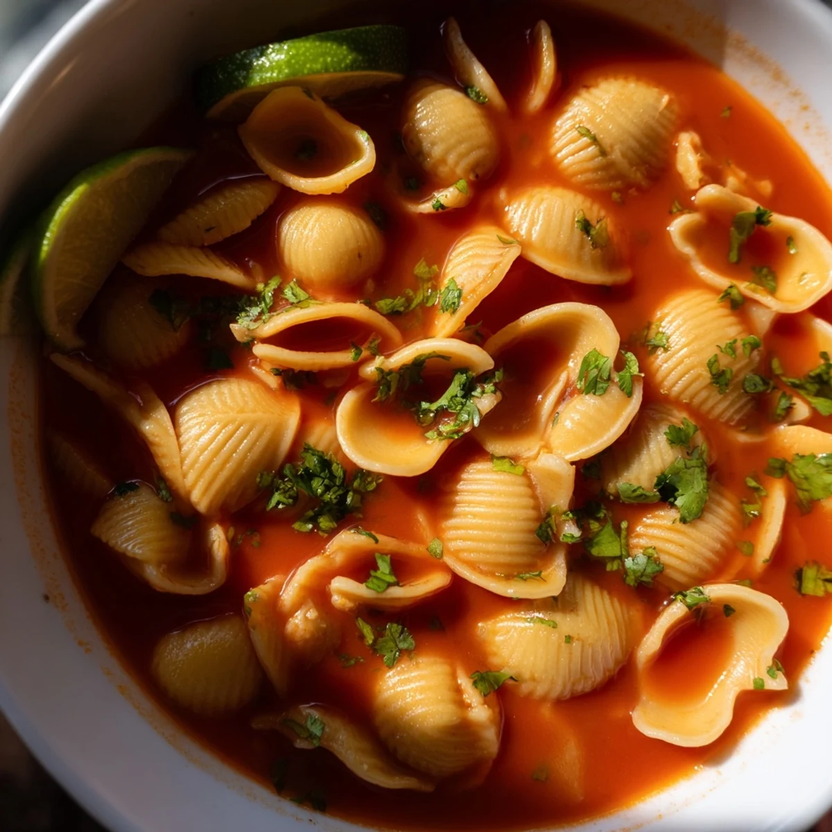 Steaming bowl of Sopa de Conchas with golden shell pasta in rich tomato broth