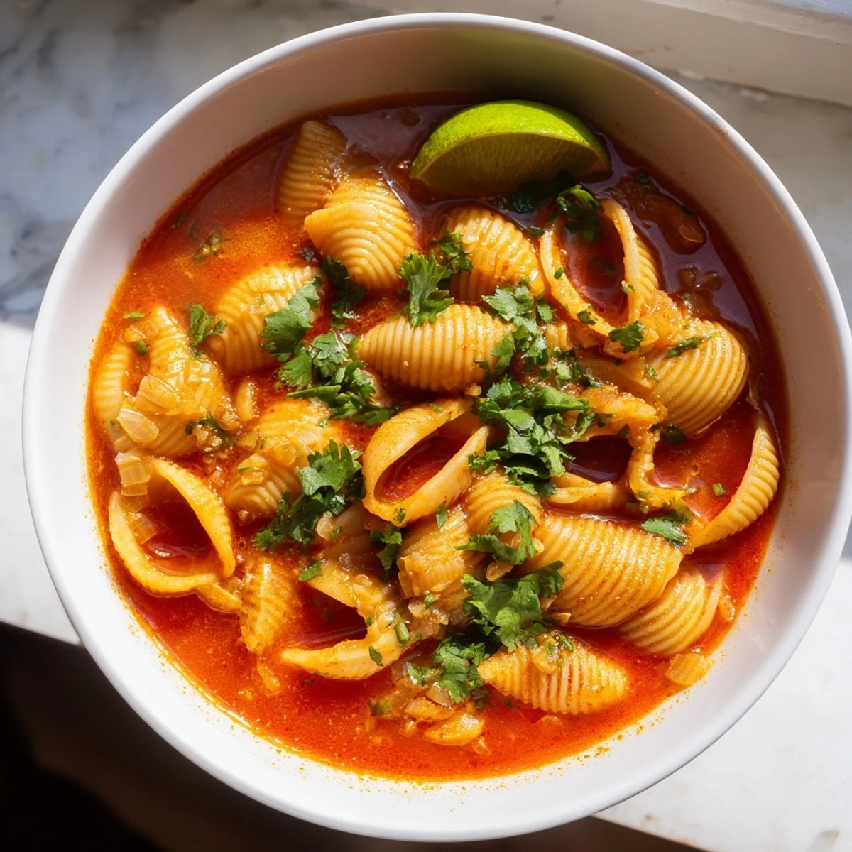 Sopa de Conchas served hot with fresh cilantro and a lime wedge