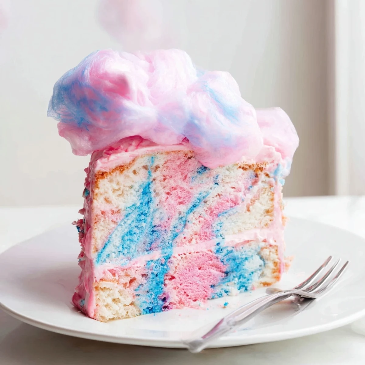A pastel cotton candy cake recipe with swirled pink and blue buttercream frosting layers