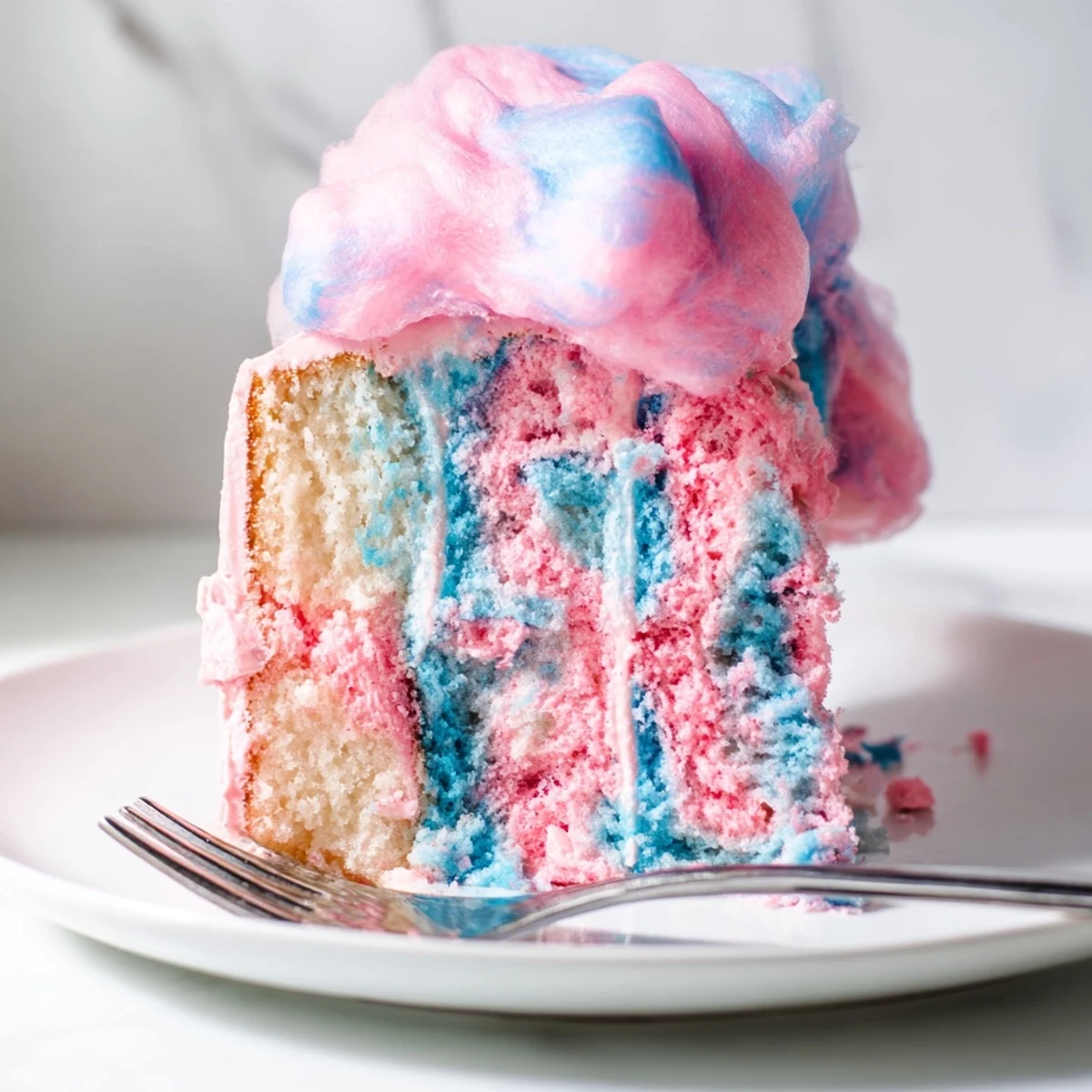 Fluffy cotton candy cake recipe crowned with wispy spun sugar on top