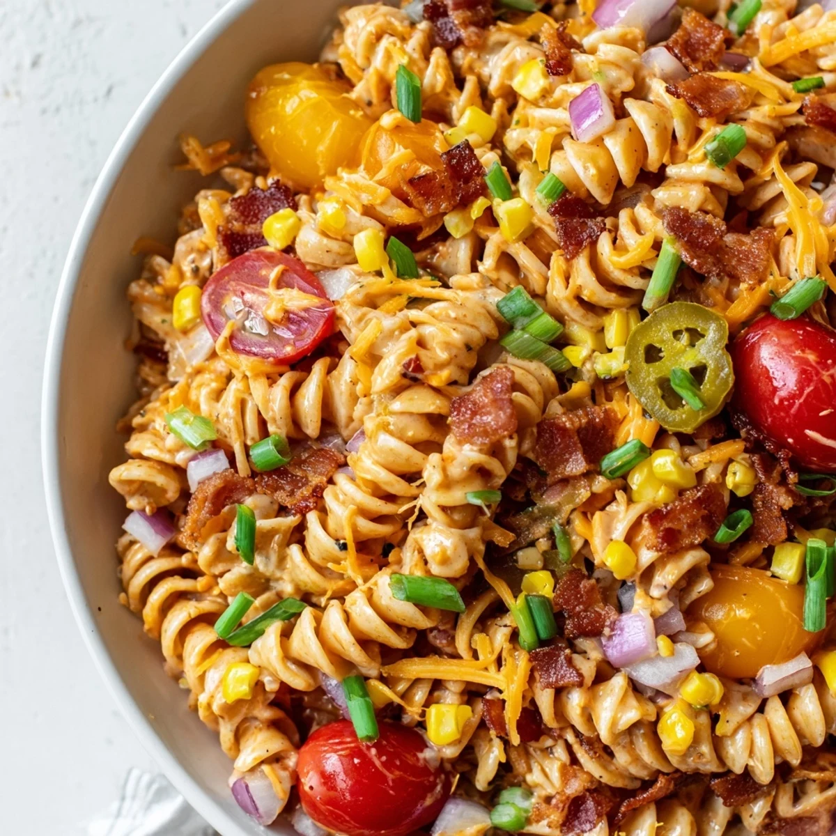 Hearty Cowboy Pasta Salad served in a rustic bowl with melted cheddar, tomatoes, and crispy bacon bits.