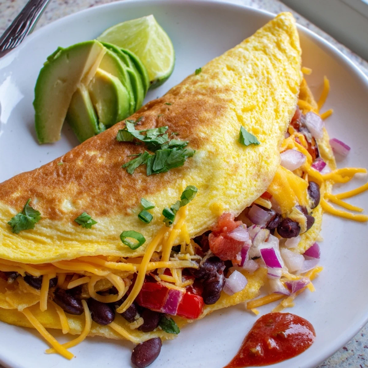 Golden Mexican omelette folded over melted cheese, black beans, and colorful sautéed peppers