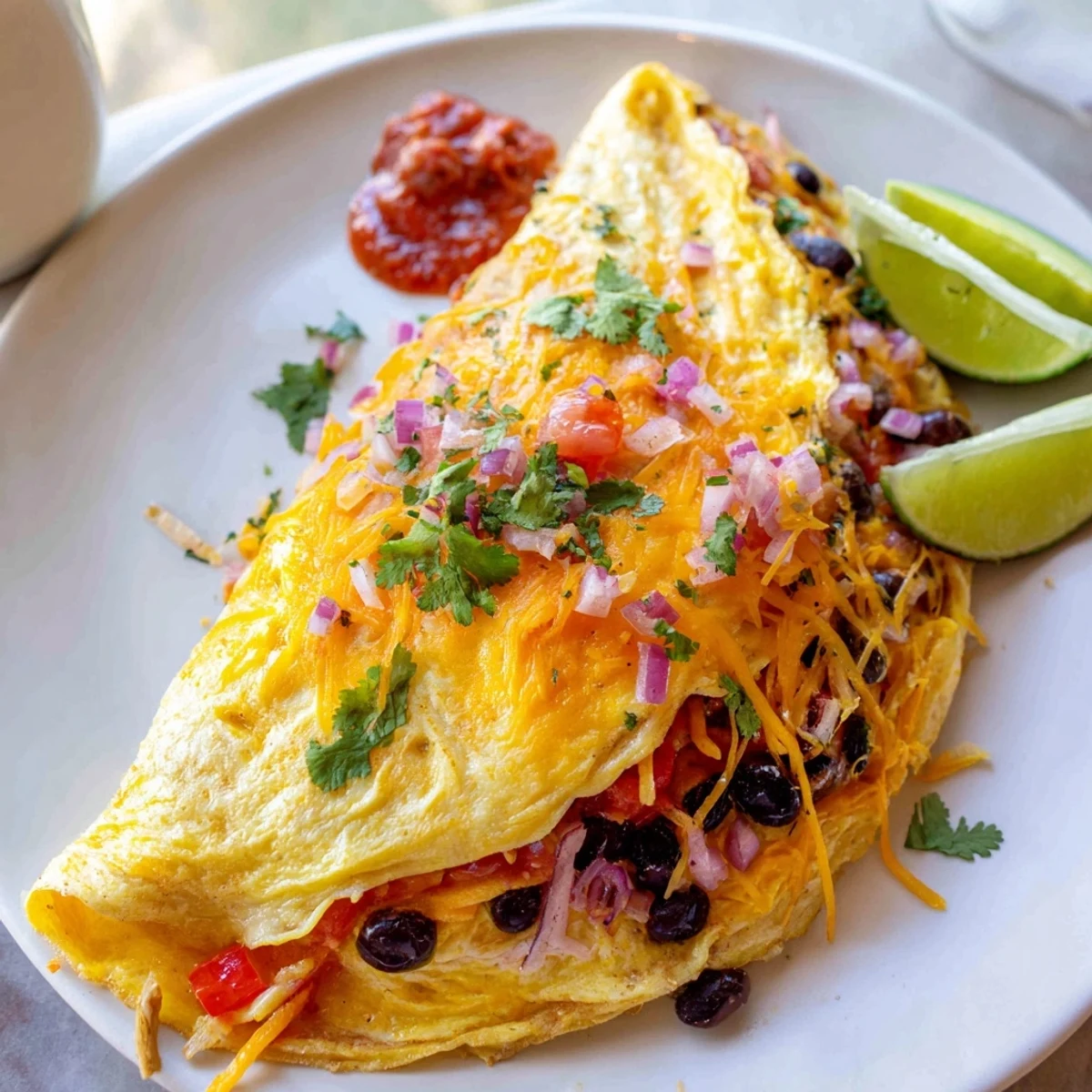 Spicy Mexican omelette topped with fresh avocado slices, salsa, and bright cilantro garnish