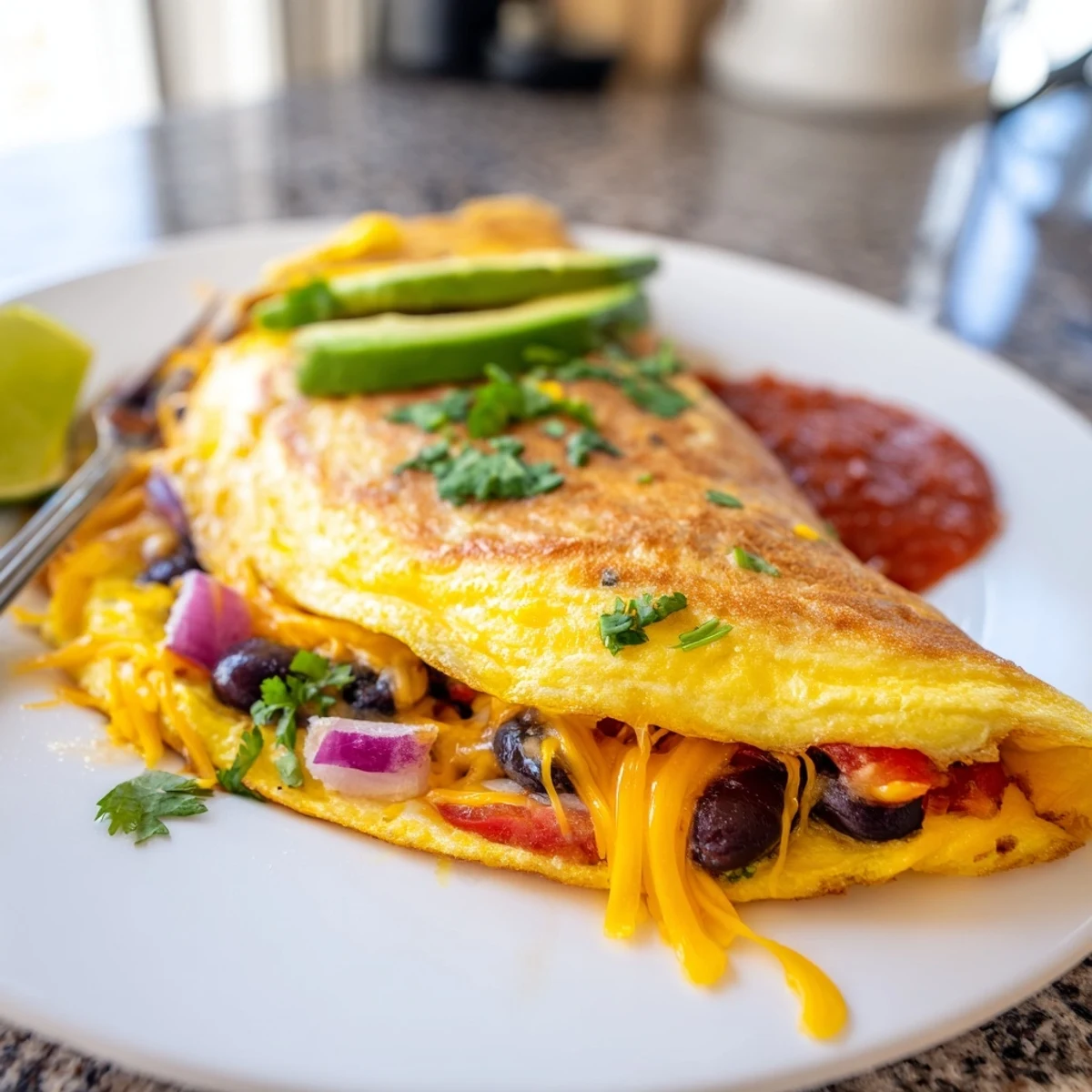 Fluffy Mexican omelette filled with jalapeños, tomatoes, and cheese served with lime wedges