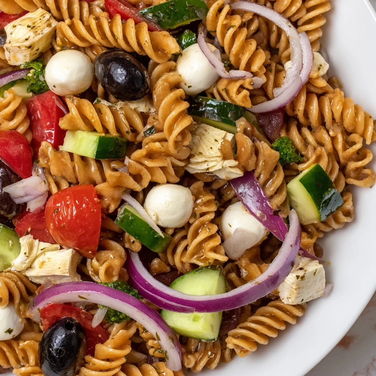 Colorful vegetarian Italian pasta salad bursting with cherry tomatoes, olives, and fresh mozzarella
