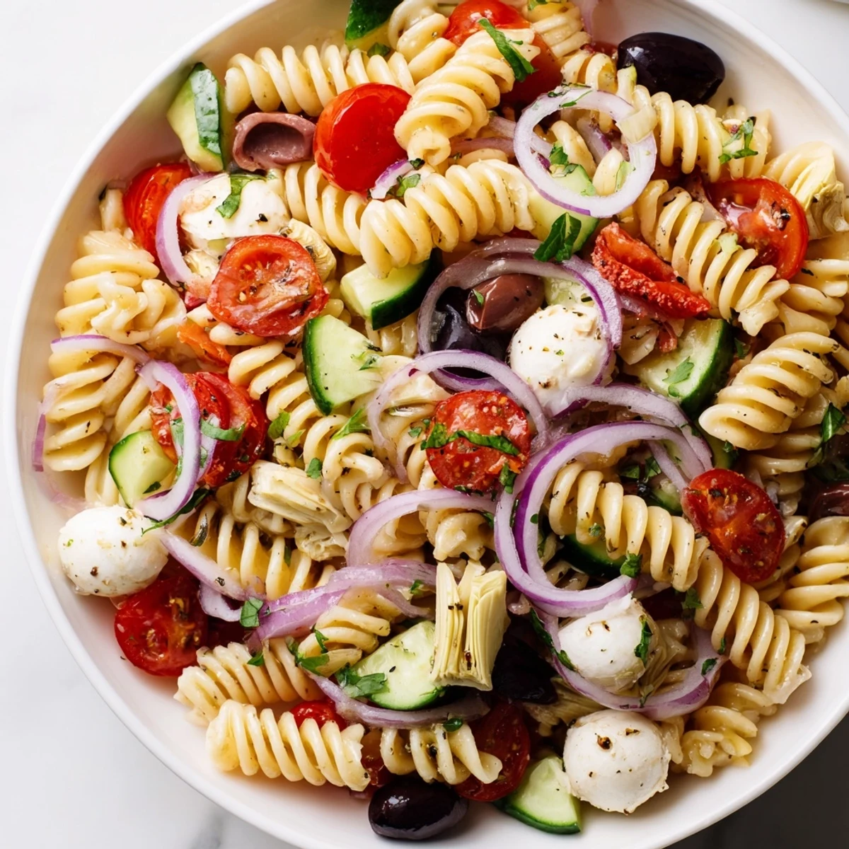 A vibrant bowl of vegetarian Italian pasta salad tossed with crisp vegetables and herbs