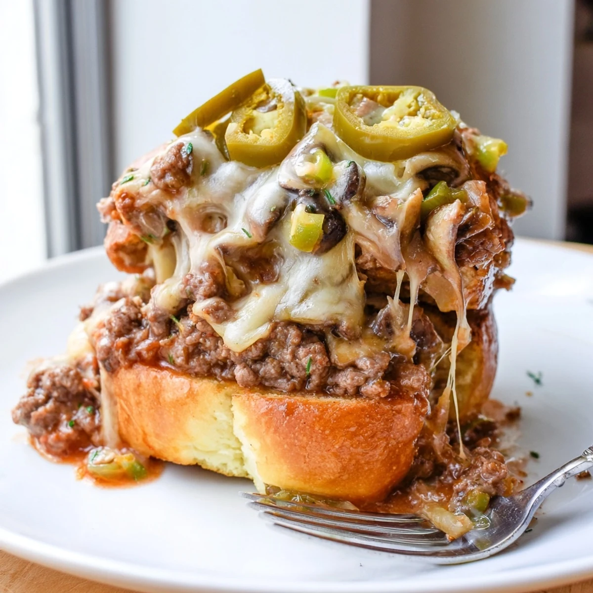Cheesy Philly Sloppy Joes with melted provolone dripping over a toasted golden brioche bun