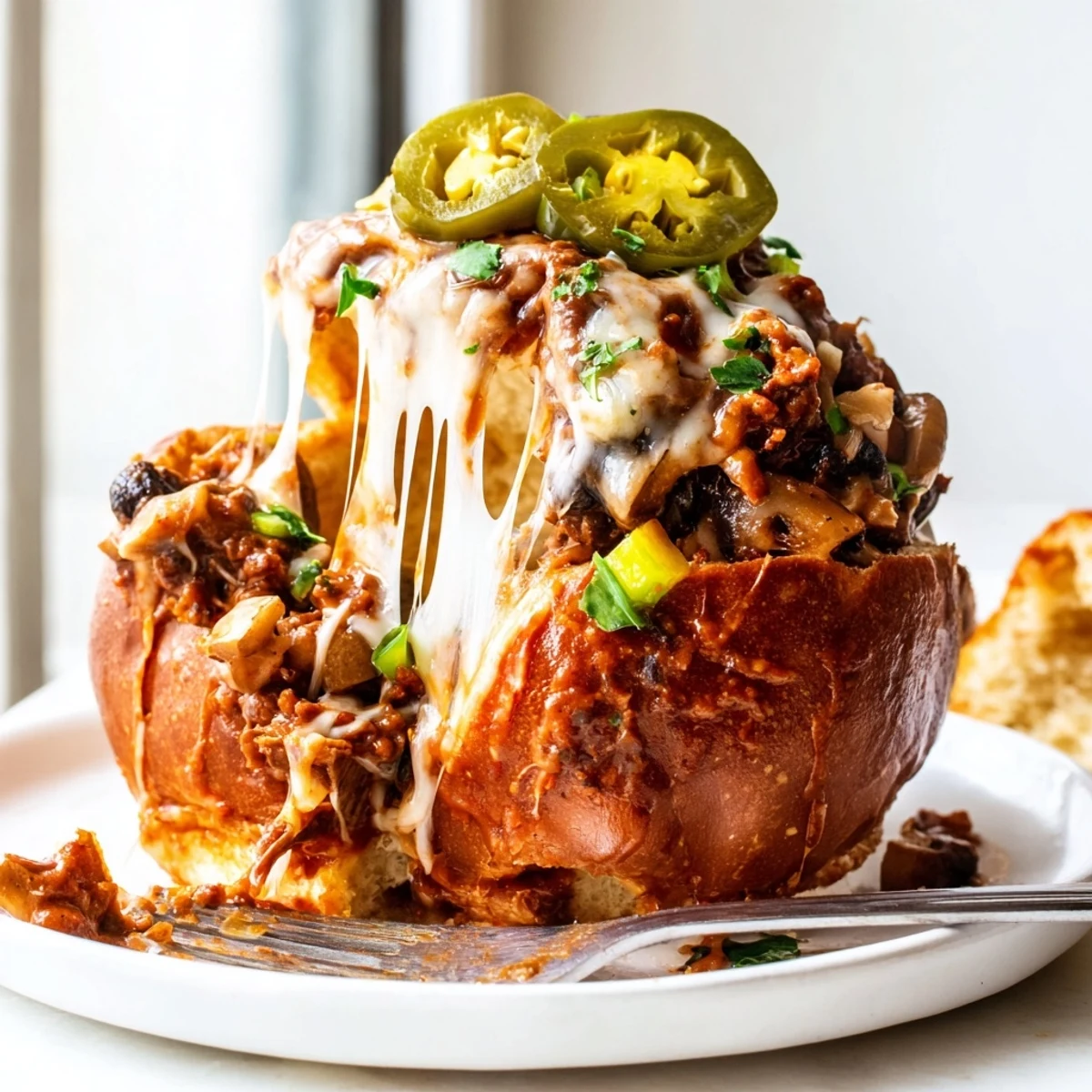 Juicy ground beef and sautéed peppers smothered in melted cheese for Cheesy Philly Sloppy Joes