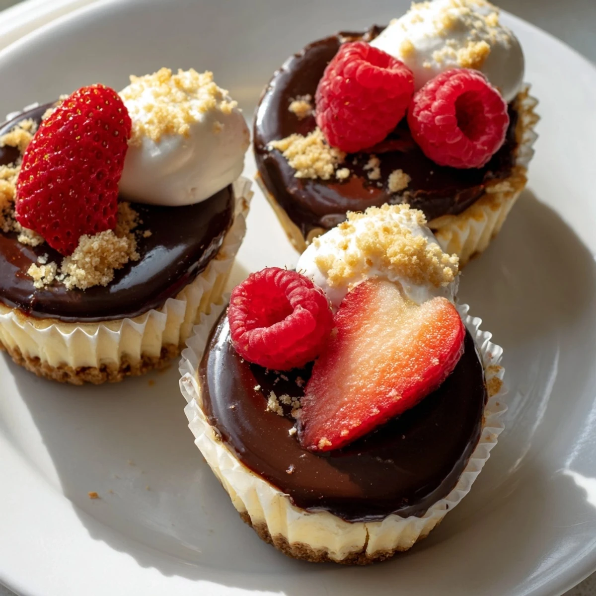 Mini cheesecakes topped with fresh berries and whipped cream on a white platter