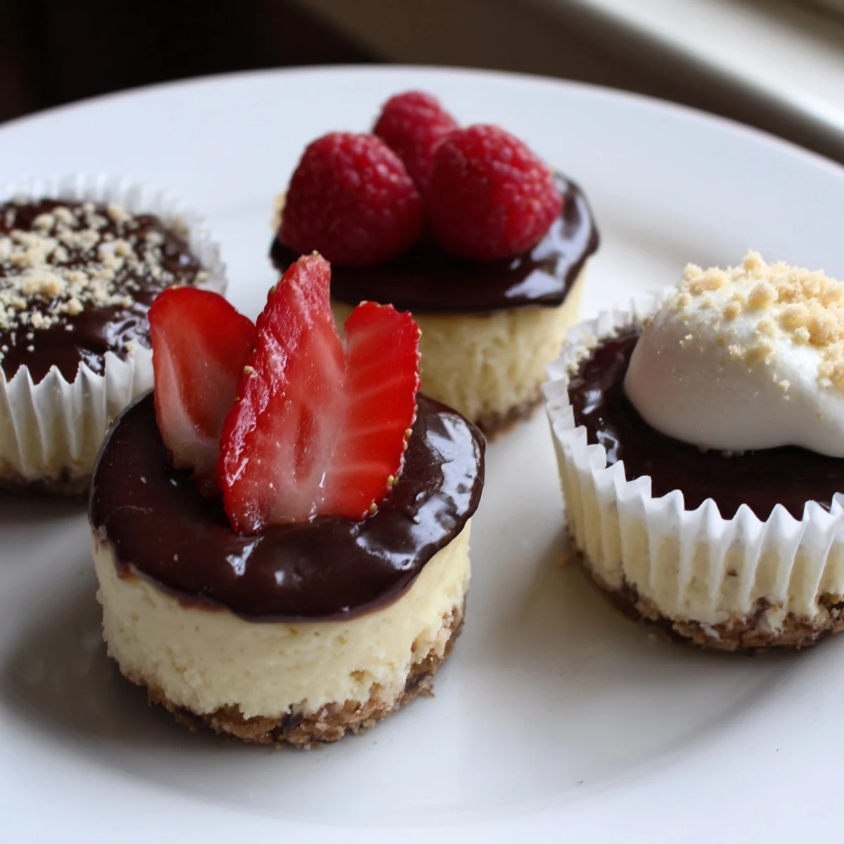 Creamy mini cheesecakes with golden graham cracker crusts drizzled in rich caramel sauce