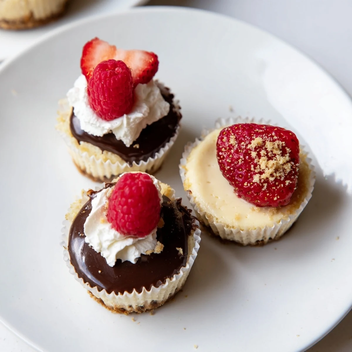 Assorted mini cheesecakes adorned with chocolate ganache and crushed nuts ready for serving
