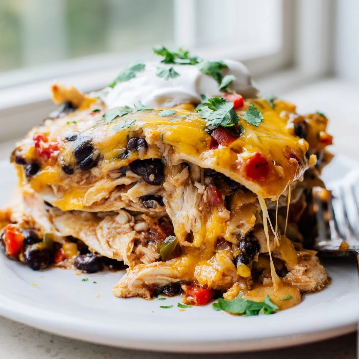 Creamy chicken burrito casserole layered with beans rice and gooey cheese