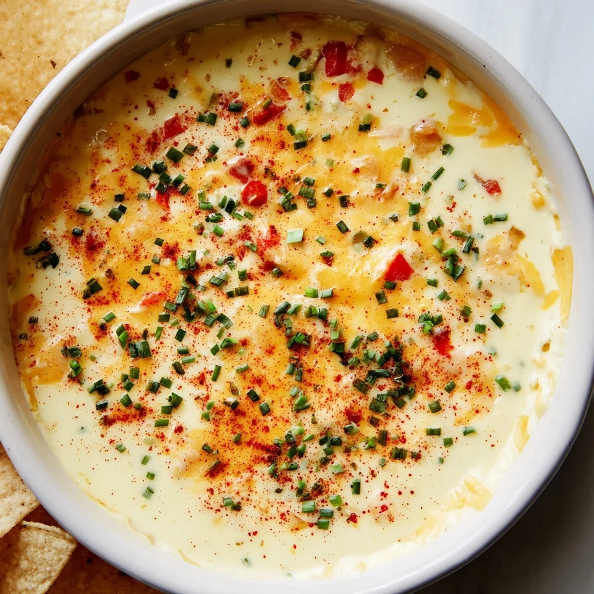Creamy cheese dip topped with diced tomatoes and fresh green onions