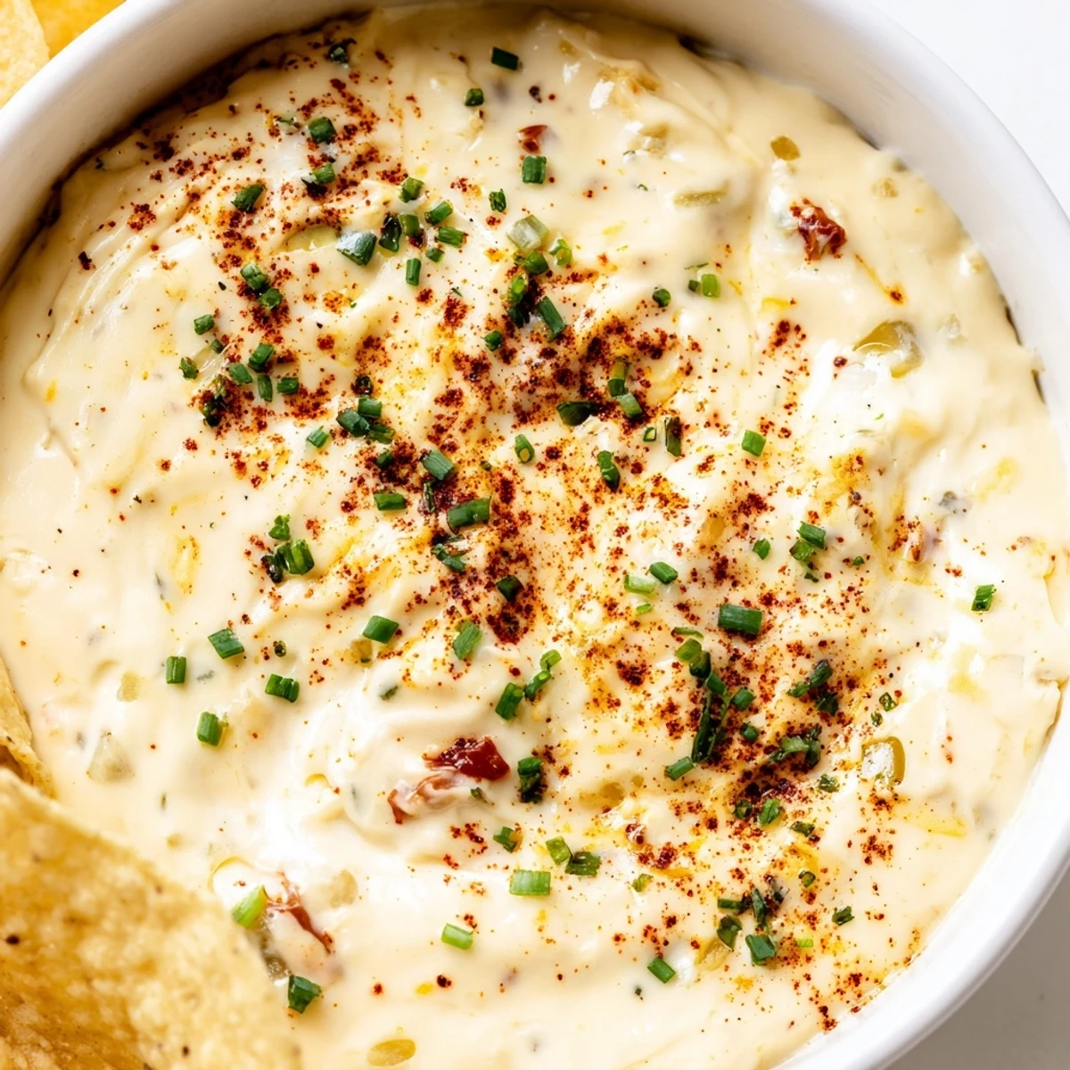 Warm cheese dip in a serving bowl surrounded by crispy tortilla chips