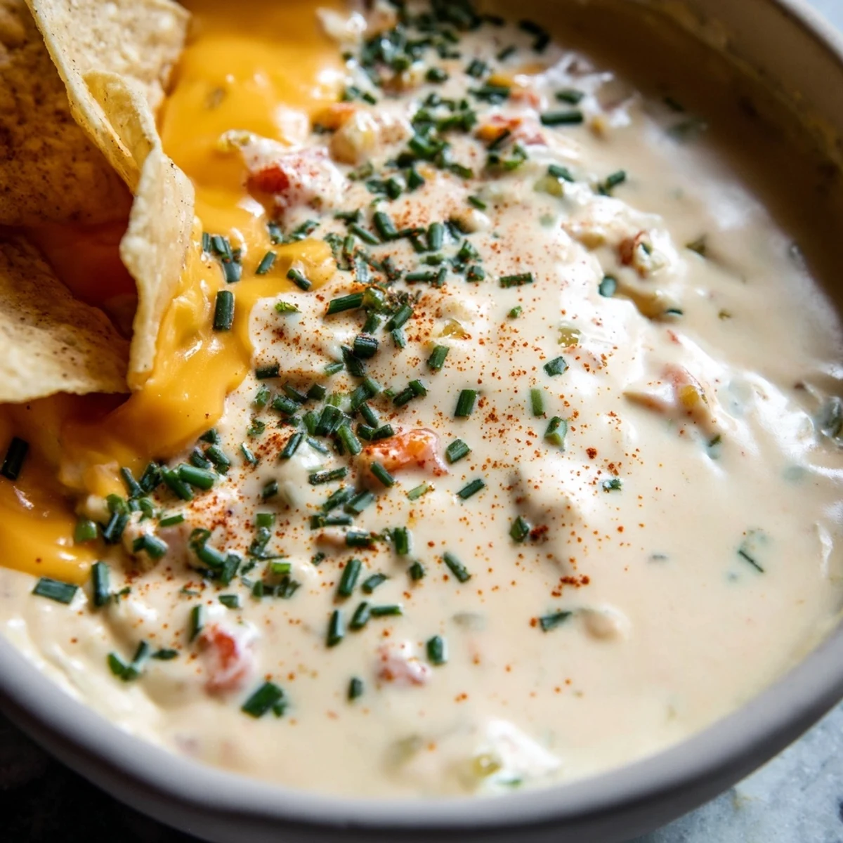 Melted cheese dip with jalapeño and chives served in a rustic bowl