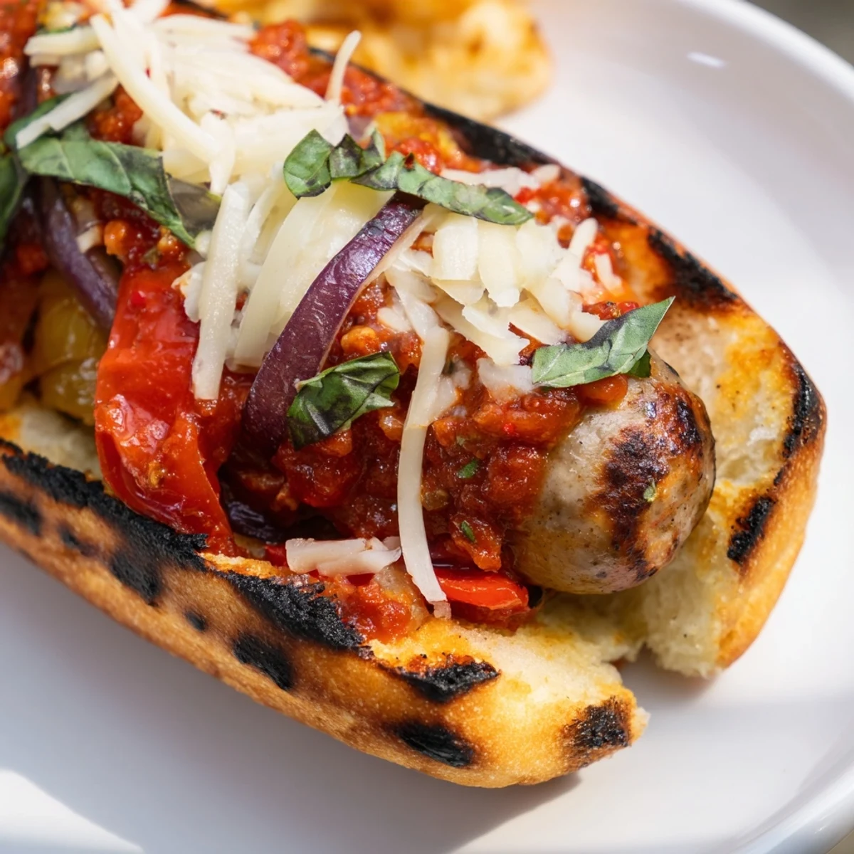 Grilled sausage grinders with smoky charred tomato sauce on toasted hoagie rolls