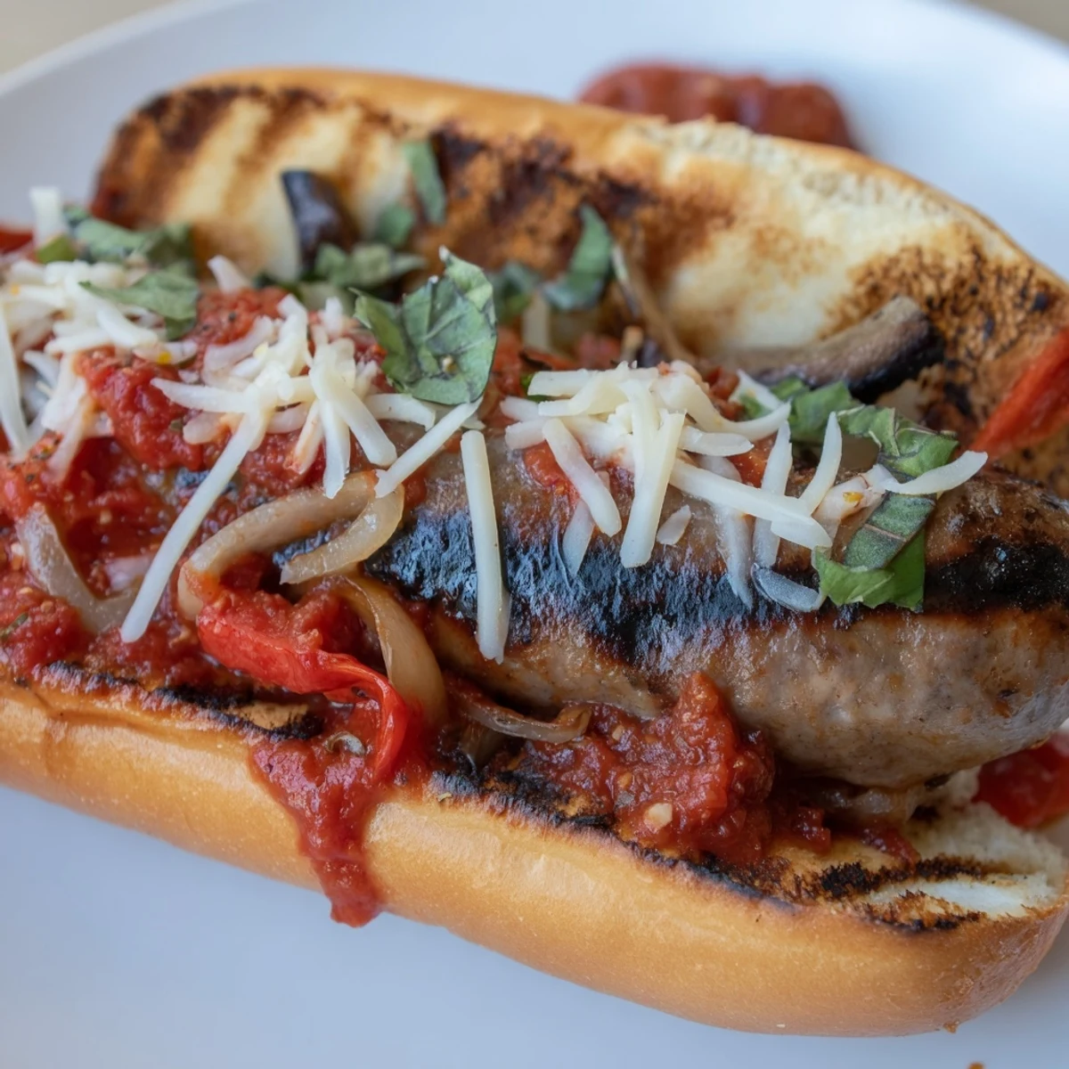 Juicy grilled sausages tucked into crusty grinder rolls topped with robust tomato sauce