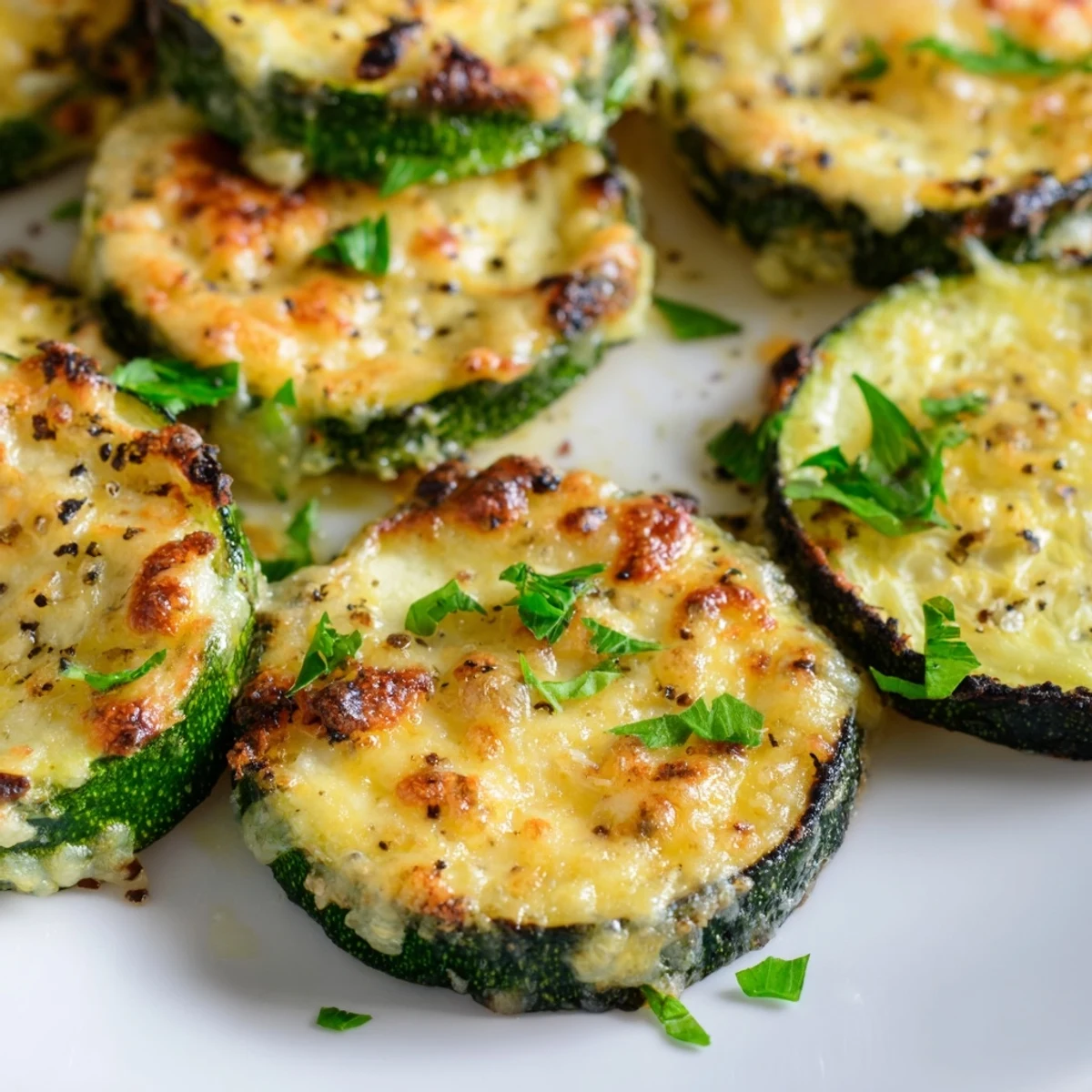 Tender zucchini rounds topped with melted Parmesan, served hot on a white platter