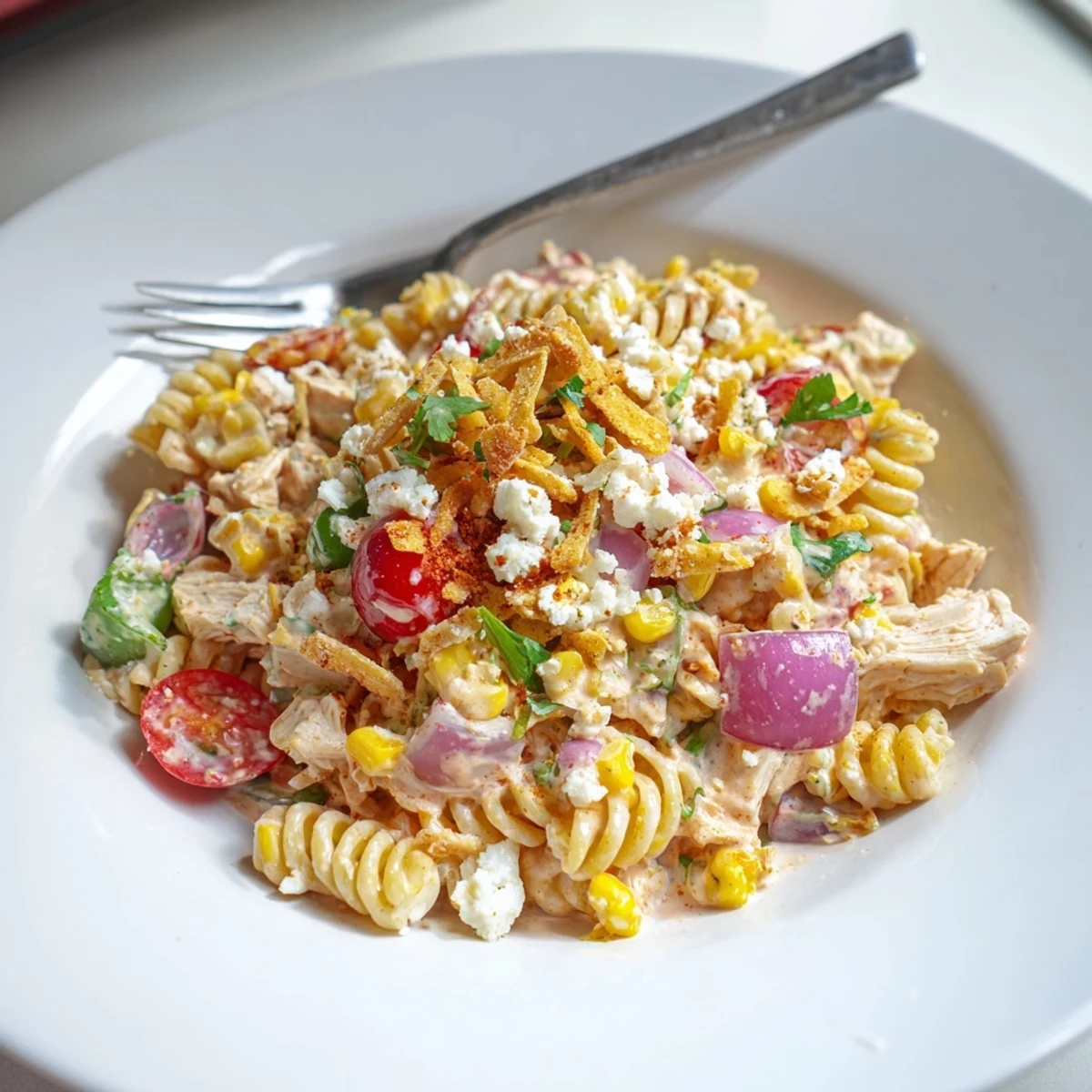 Creamy elote Mexican street corn chicken pasta salad in a rustic serving bowl topped with crushed tortilla chips