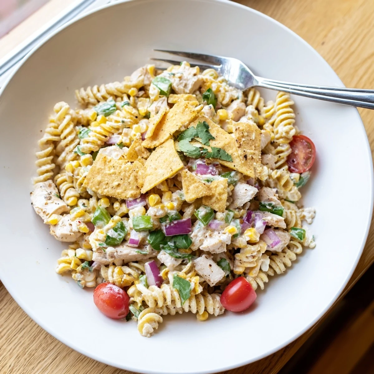 Golden charred corn and tender chicken tossed in a zesty elote Mexican street corn pasta salad