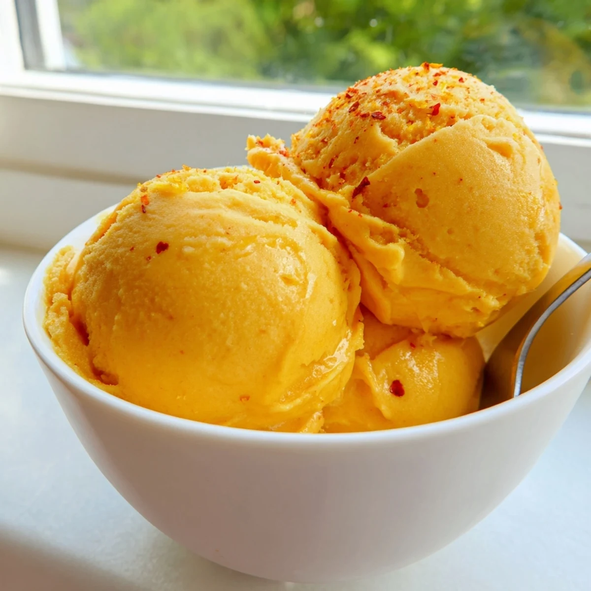 Vibrant Creamy Chili Lime Mango Sorbet served in chilled bowls with fresh lime zest