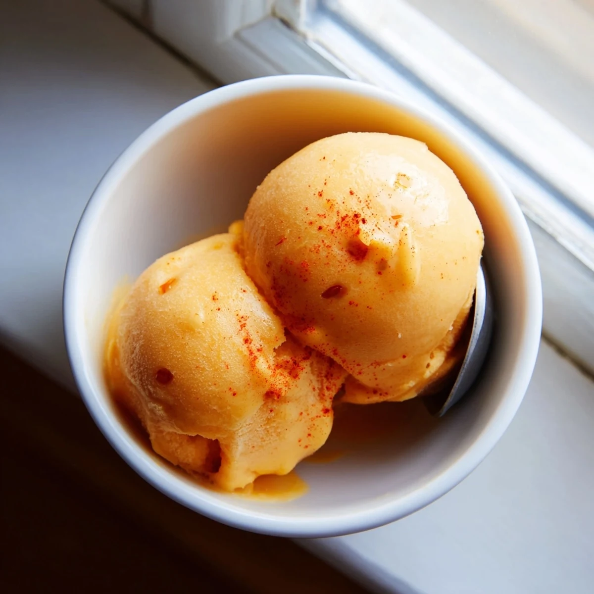 Creamy Chili Lime Mango Sorbet scooped into golden rounds with a dusting of chili powder
