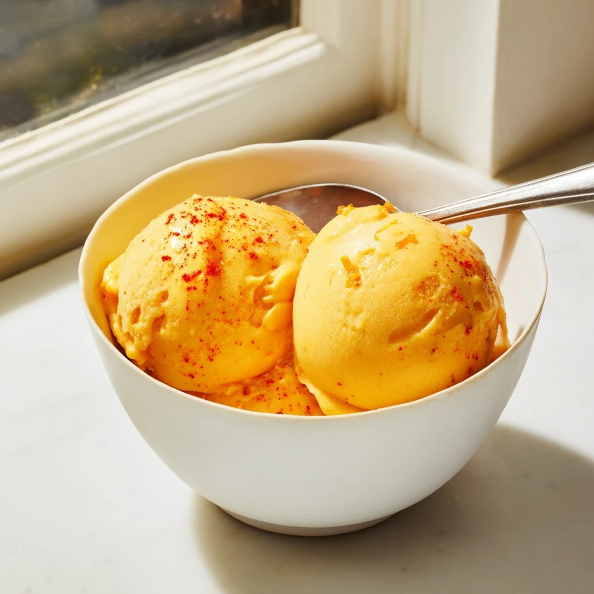 Smooth dairy-free Creamy Chili Lime Mango Sorbet garnished with tropical fruit and coconut flakes