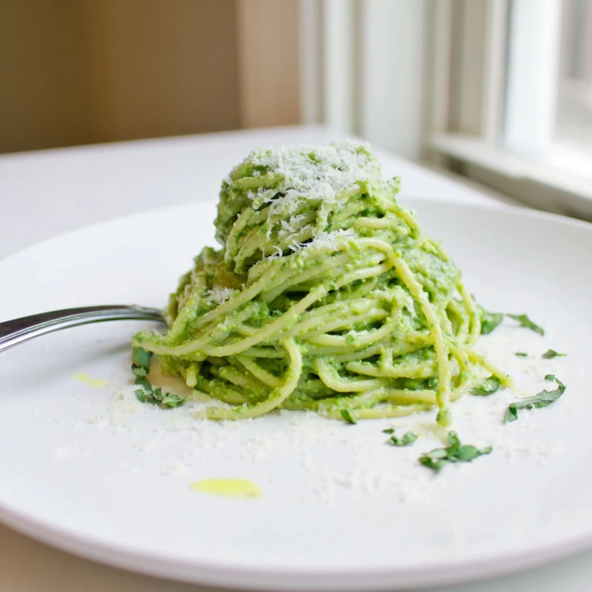 Vibrant green goddess pasta sauce blended smooth with avocado basil and lemon