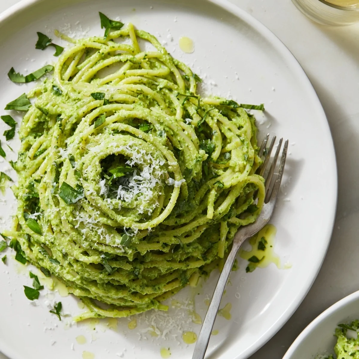 Lush green goddess pasta sauce served in a bowl topped with Parmesan