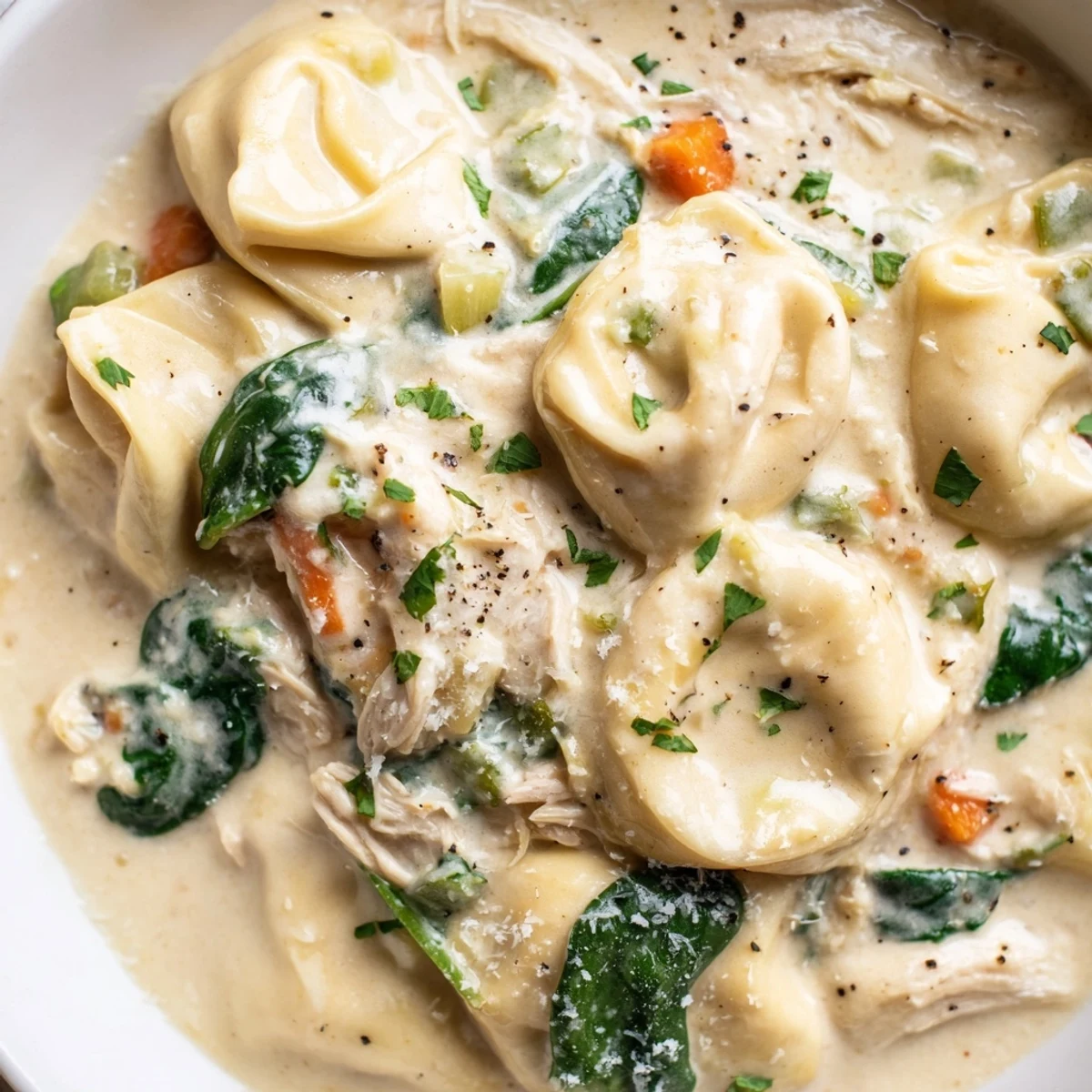 Crockpot Chicken Tortellini ladled into a rustic bowl, garnished with grated Parmesan and chopped herbs