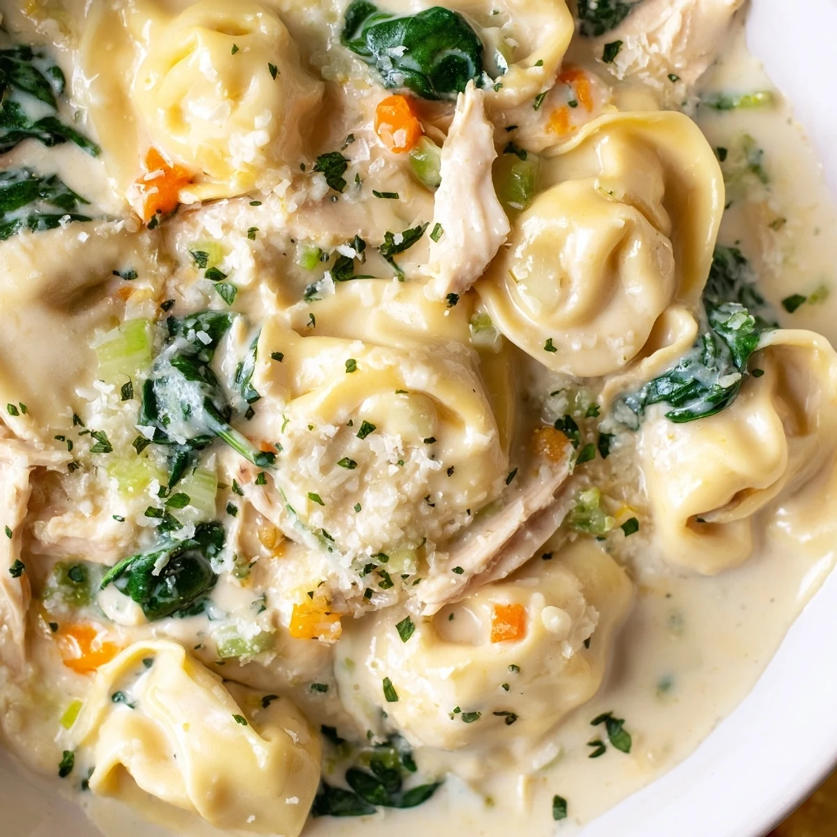 Steaming bowl of Crockpot Chicken Tortellini with tender shredded chicken, spinach, and golden cheese tortellini
