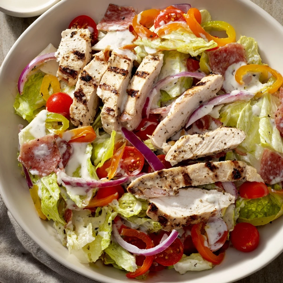 Hearty Italian Grinder Chicken Salad loaded with savory deli meats and crisp romaine lettuce.