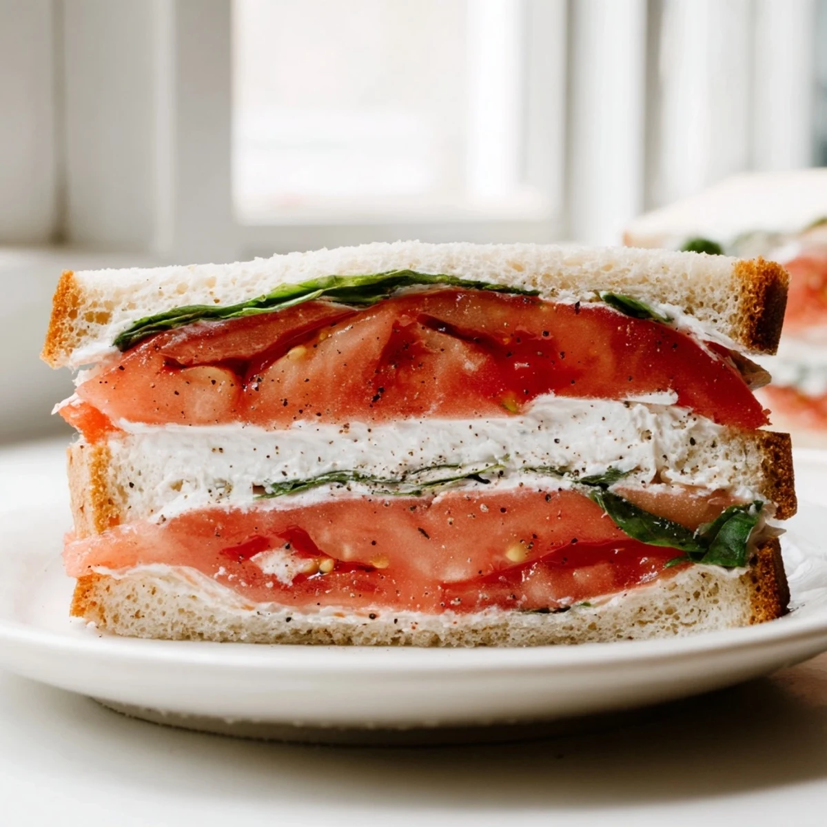 Juicy ripe tomato sandwich layered with creamy mayo on soft fresh bread