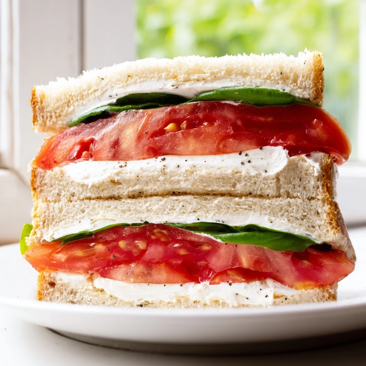 Thick sliced tomato sandwich served golden on a rustic wooden cutting board