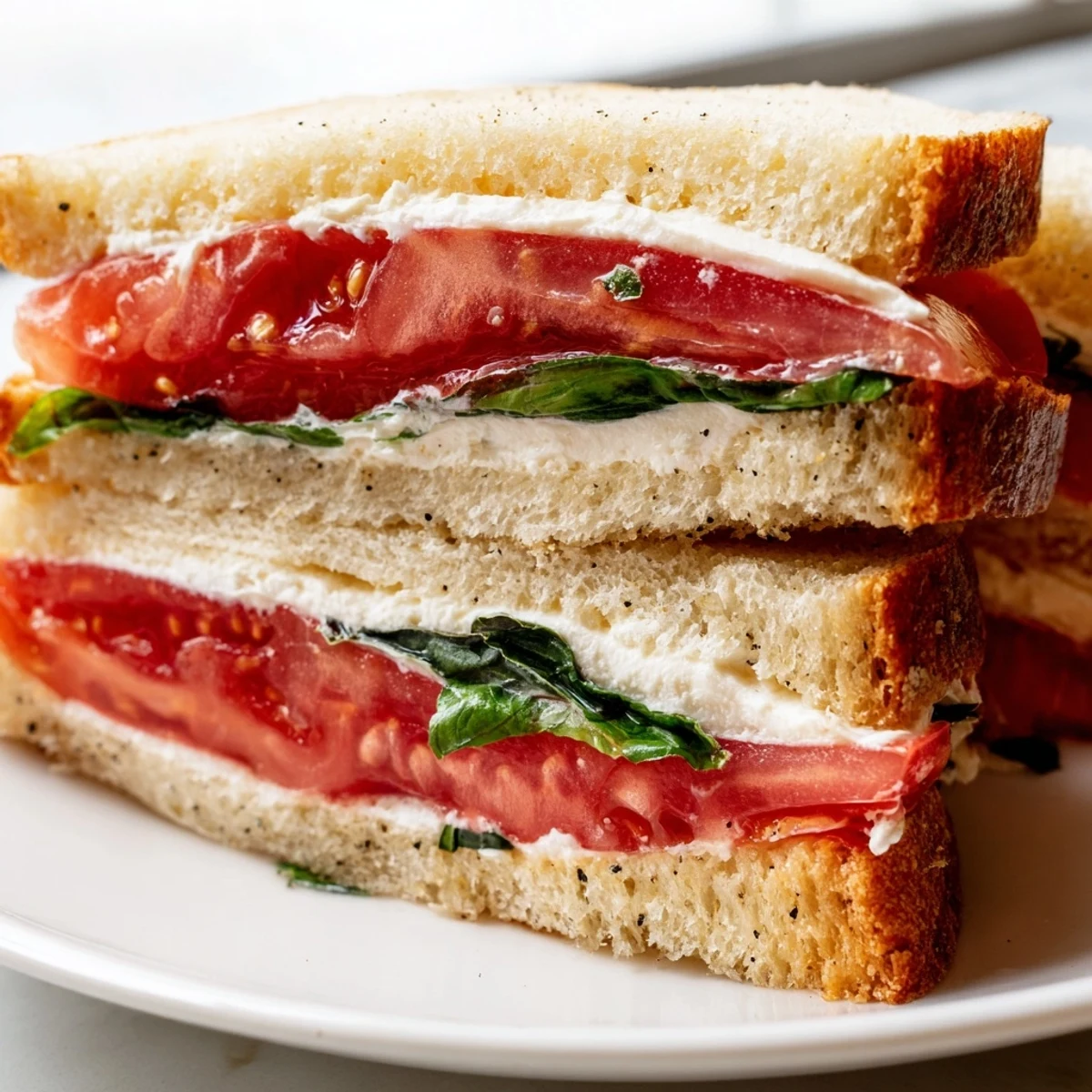 Classic tomato sandwich topped with fragrant basil leaves and cracked black pepper