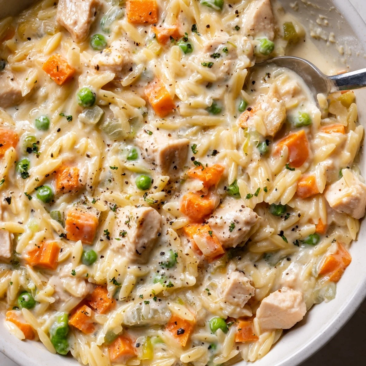 Creamy chicken pot pie orzo in a golden skillet with tender vegetables and fresh parsley garnish