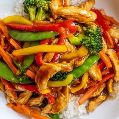 An overhead view of a warm plate of Chicken Veggie Stir Fry with Rice, featuring tender chicken pieces and bright vegetables, garnished with fresh green onions and sesame seeds.