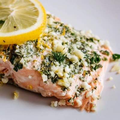 Sizzling Baked Salmon with Lemon Herb Butter topped with melting butter and lemon zest on a rustic wooden cutting board.