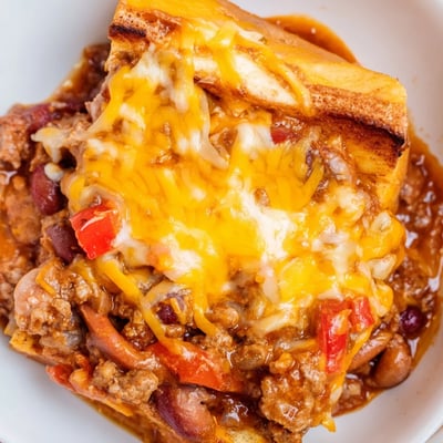 A close-up of the End Zone Chili Cheese Dog Casserole shows savory chili beans and ground beef spilling from golden-brown, cheese-covered buns.  