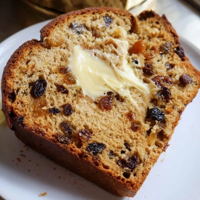 A close-up of Irish Barmbrack Fruit Bread reveals its moist crumb and plump dried fruits, with a pat of butter melting on top.