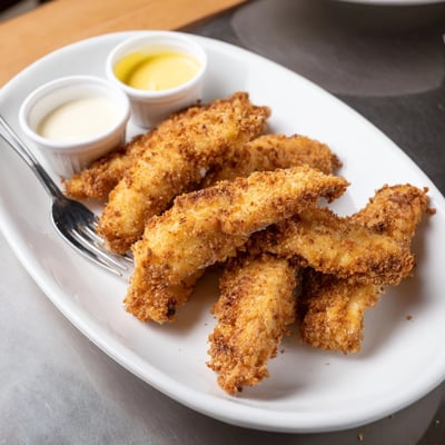 Crispy, golden Game Day Crispy Chicken Strips served hot, perfect for a game day snack or main dish.  