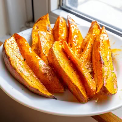 Crispy Sweet Potatoes wedges arranged on a baking sheet, glistening with olive oil and herbs, ready to be dipped.
