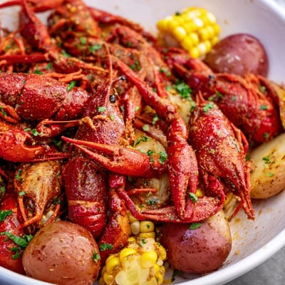 Heaping platter of Creole Crawfish Boil with Corn and Potatoes, showcasing plump crawfish tails, sweet corn, and hearty potatoes drenched in spicy Cajun butter.  