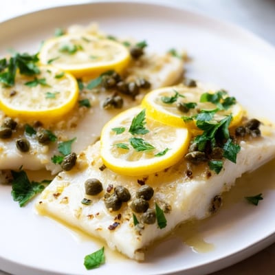 A close-up view shows the flaky texture of the lemon and caper halibut, garnished with fresh parsley.