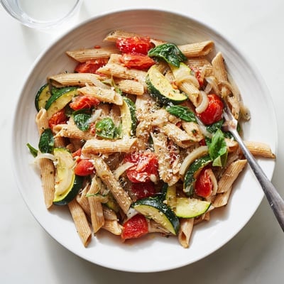 A skillet of Healthy Tomato Zucchini Pasta with sautéed zucchini, cherry tomatoes, and spinach on a rustic wooden table.