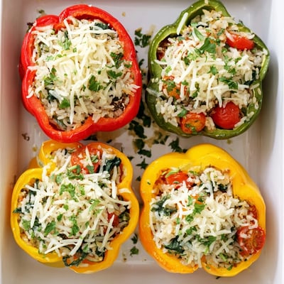 Freshly baked Vegetarian Stuffed Bell Peppers with colorful filling spilling out, served alongside a slice of crusty artisan bread for dinner.