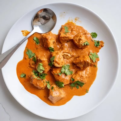 A close-up view of a bowl of homemade butter chicken with aromatic spices and a rich, orange-red sauce over steamed basmati rice.